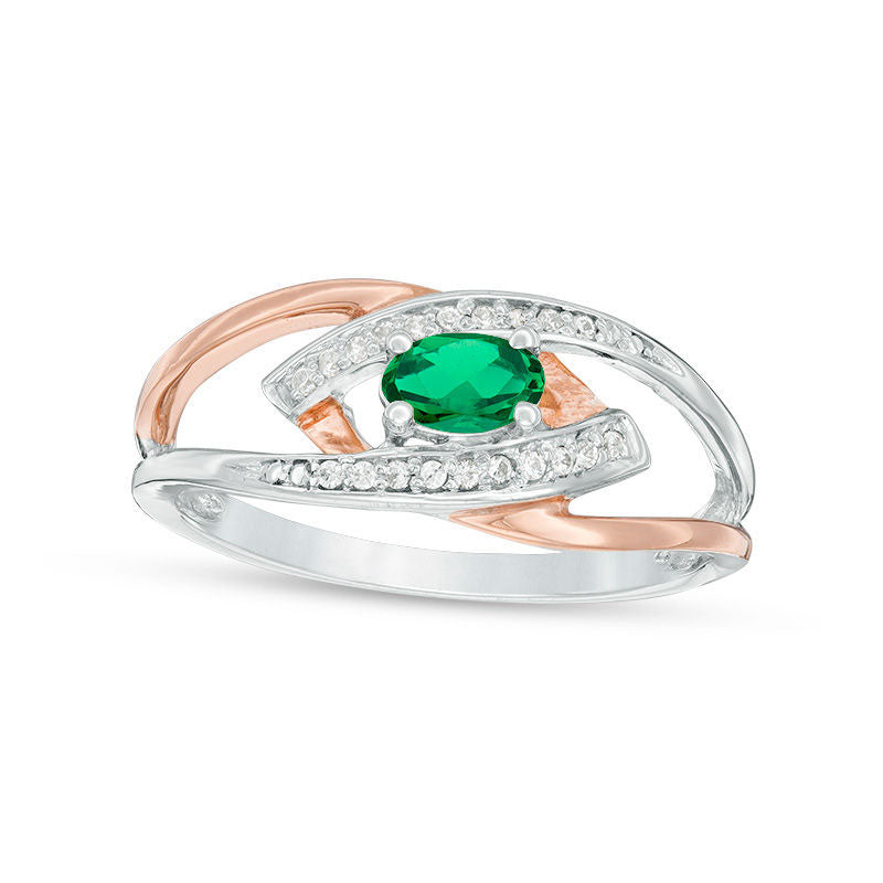 Image of ID 1 Oval Lab-Created Emerald and Diamond Accent Split Shank Ring in Sterling Silver and Solid 10K Rose Gold