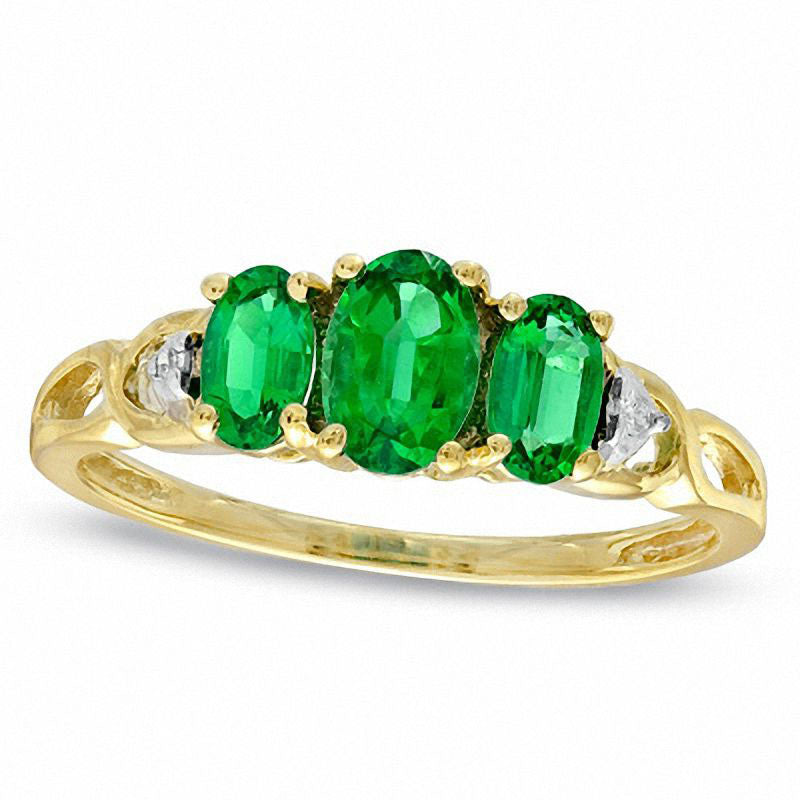Image of ID 1 Oval Lab-Created Emerald and Diamond Accent Three Stone Ring in Solid 10K Yellow Gold