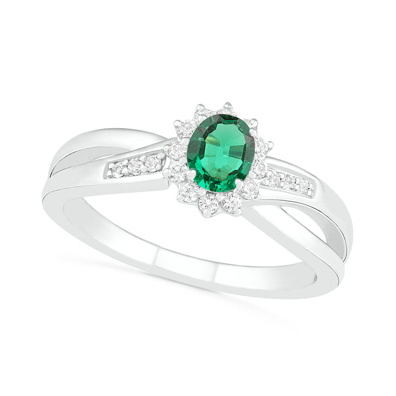 Image of ID 1 Oval Lab-Created Emerald and White Sapphire Starburst Frame Crossover Split Shank Ring in Sterling Silver