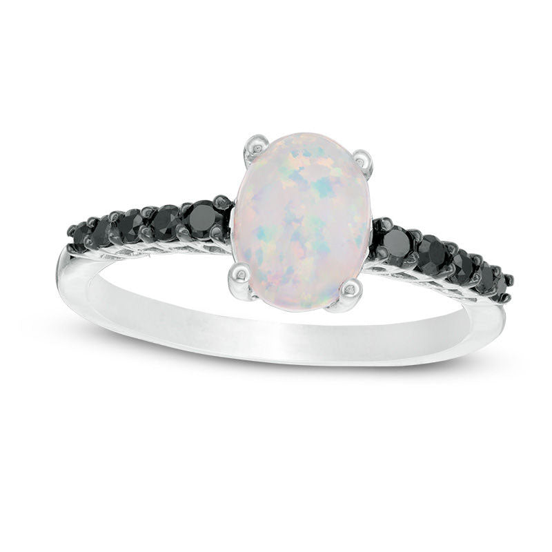 Image of ID 1 Oval Lab-Created Opal and 020 CT TW Enhanced Black Diamond Ring in Sterling Silver