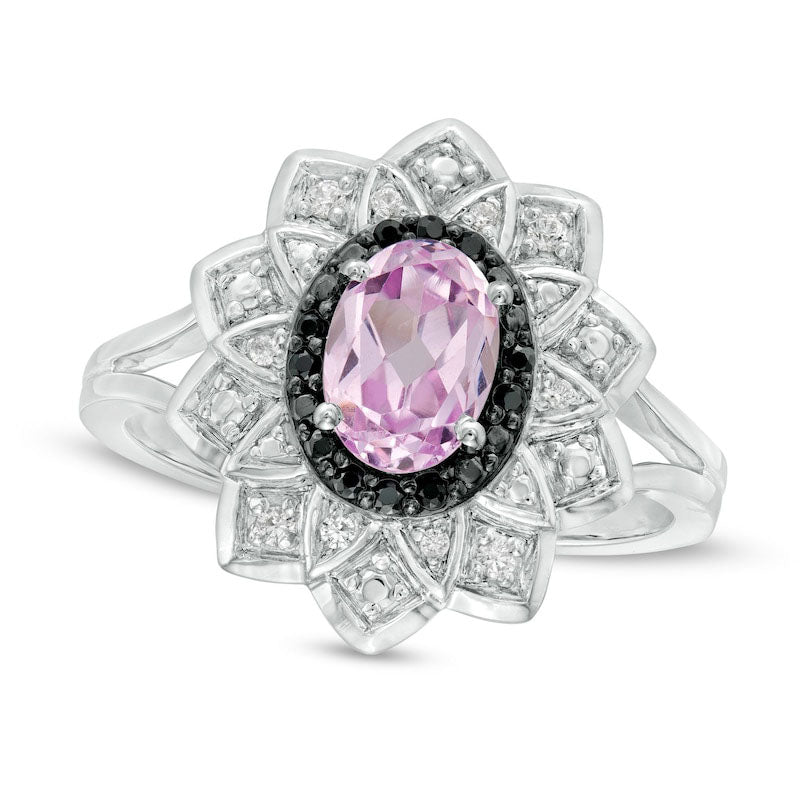 Image of ID 1 Oval Lab-Created Pink Sapphire and 010 CT TW White and Enhanced Black Diamond Frame Ring in Sterling Silver