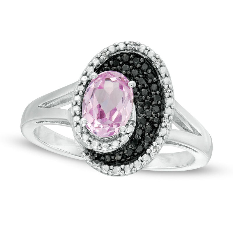Image of ID 1 Oval Lab-Created Pink Sapphire and 010 CT TW White and Enhanced Black Diamond Split Shank Ring in Sterling Silver