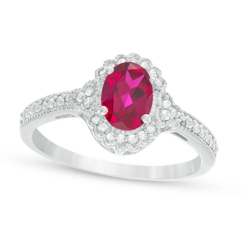 Image of ID 1 Oval Lab-Created Ruby and 013 CT TW Diamond Frame Antique Vintage-Style Ring in Solid 10K White Gold