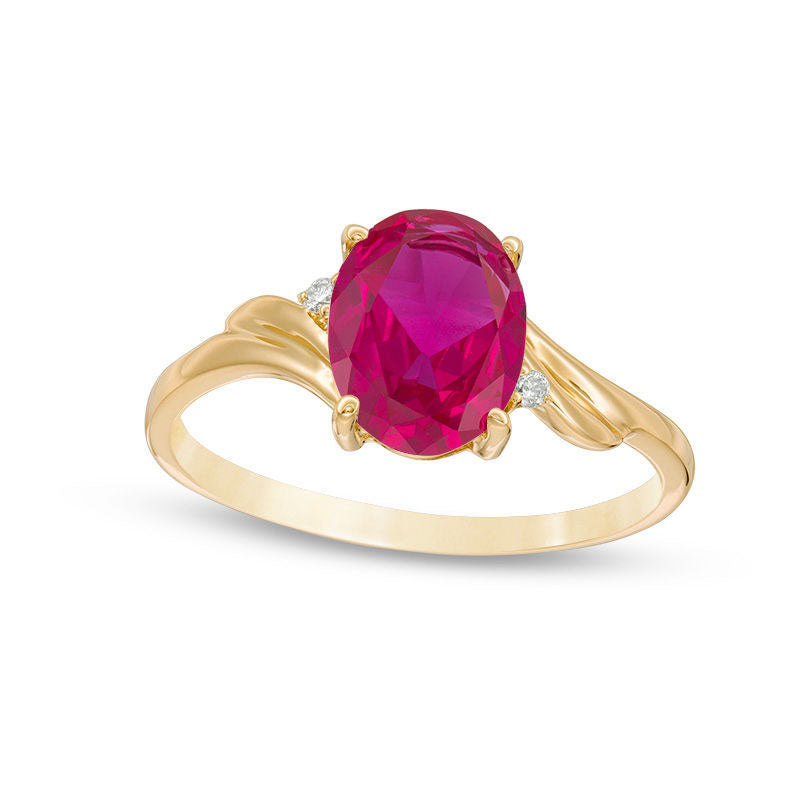 Image of ID 1 Oval Lab-Created Ruby and Diamond Accent Bypass Swirl Shank Ring in Solid 10K Yellow Gold