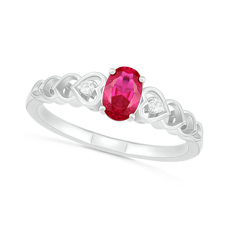 Image of ID 1 Oval Lab-Created Ruby and Diamond Accent Heart-Sides Trio Ring in Sterling Silver