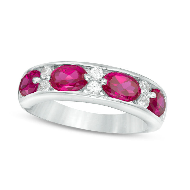 Image of ID 1 Oval Lab-Created Ruby and White Sapphire Alternating Band in Sterling Silver