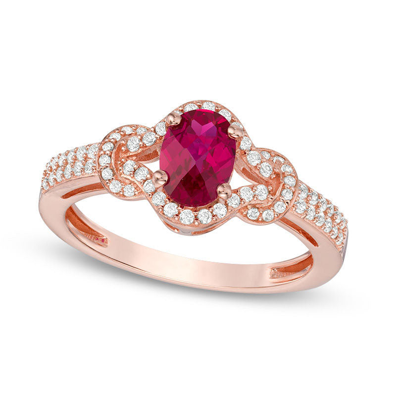 Image of ID 1 Oval Lab-Created Ruby and White Sapphire Collar Ring in Sterling Silver with Solid 14K Rose Gold Plate
