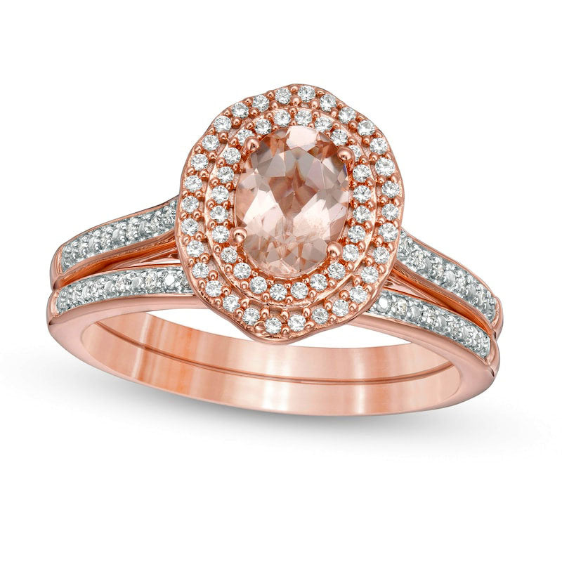 Image of ID 1 Oval Morganite and 025 CT TW Natural Diamond Double Frame Floral Bridal Engagement Ring Set in Solid 10K Rose Gold