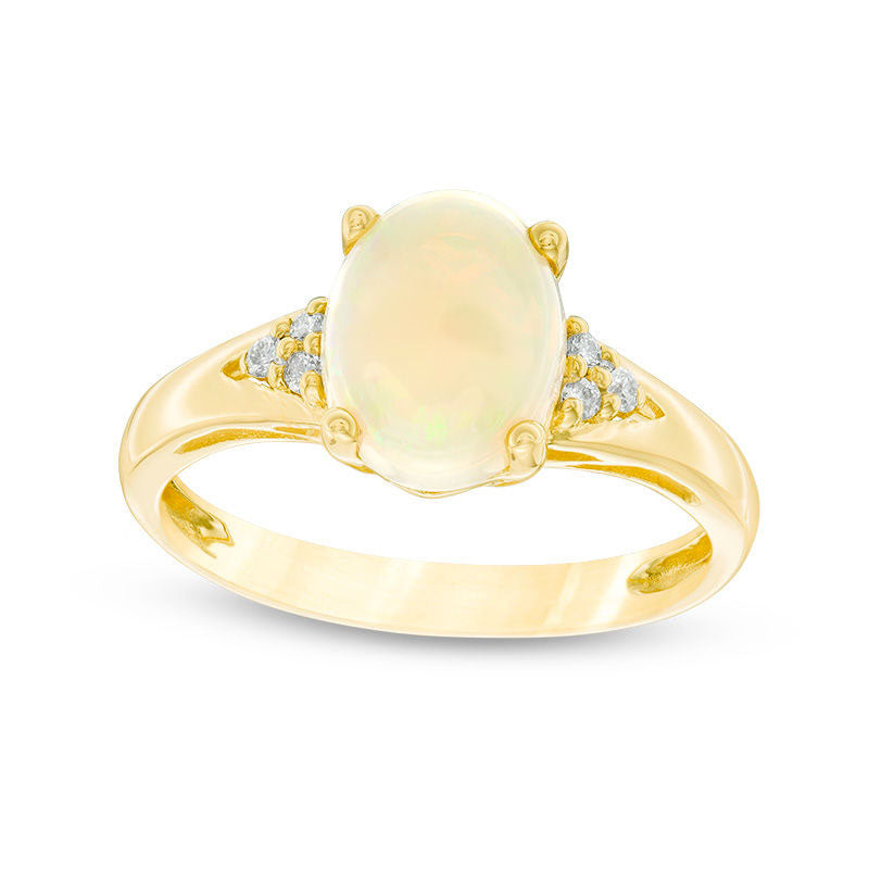 Image of ID 1 Oval Opal and Natural Diamond Accent Tri-Sides Ring in Solid 14K Gold
