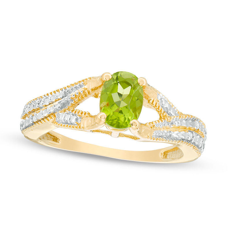 Image of ID 1 Oval Peridot and Natural Diamond Accent Antique Vintage-Style Split Shank Ring in Sterling Silver with Solid 14K Gold Plate