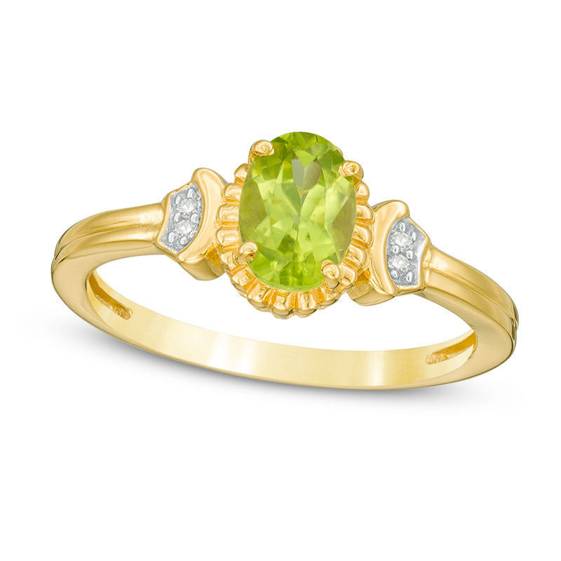 Image of ID 1 Oval Peridot and Natural Diamond Accent Collar Antique Vintage-Style Ring in Sterling Silver with Solid 14K Gold Plate