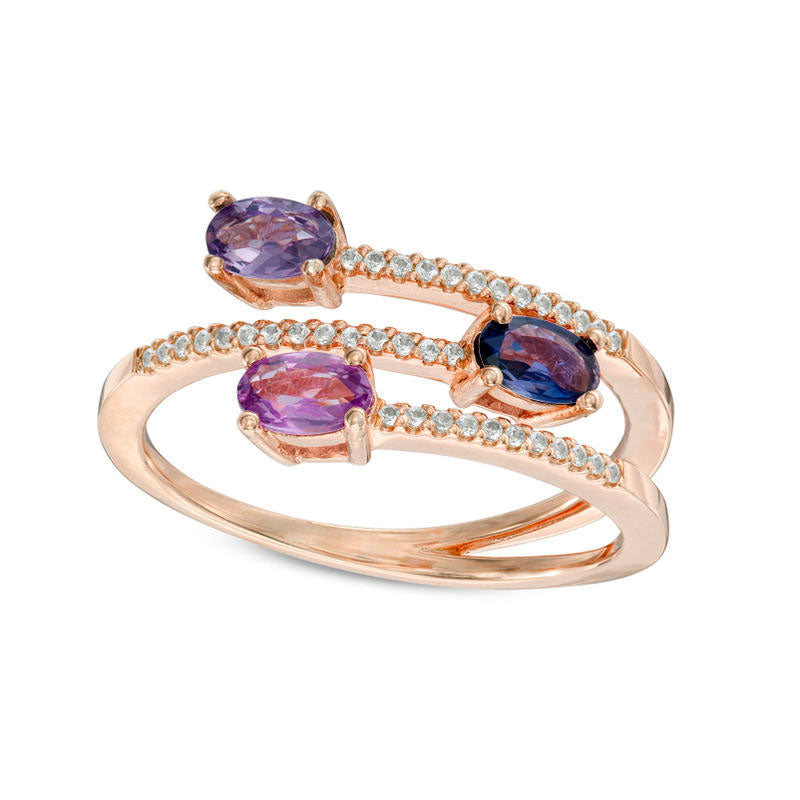 Image of ID 1 Oval Purple Sapphire and 010 CT TW Natural Diamond Three Stone Split Shank Ring in Solid 10K Rose Gold