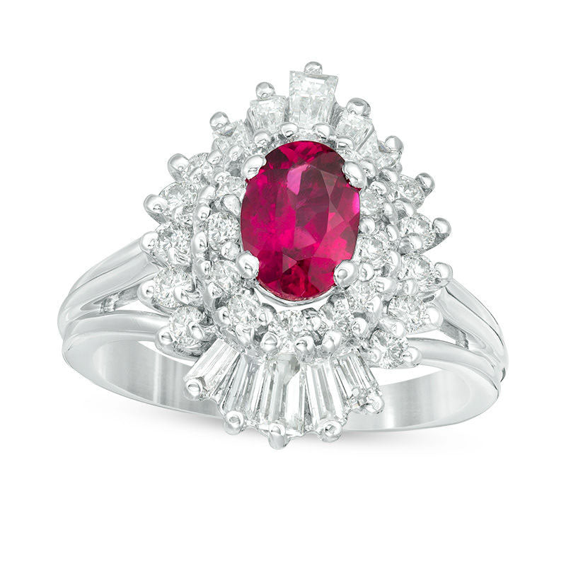 Image of ID 1 Oval Rubellite Tourmaline and 088 CT TW Natural Diamond Double Sunburst Frame Split Shank Ring in Solid 14K White Gold