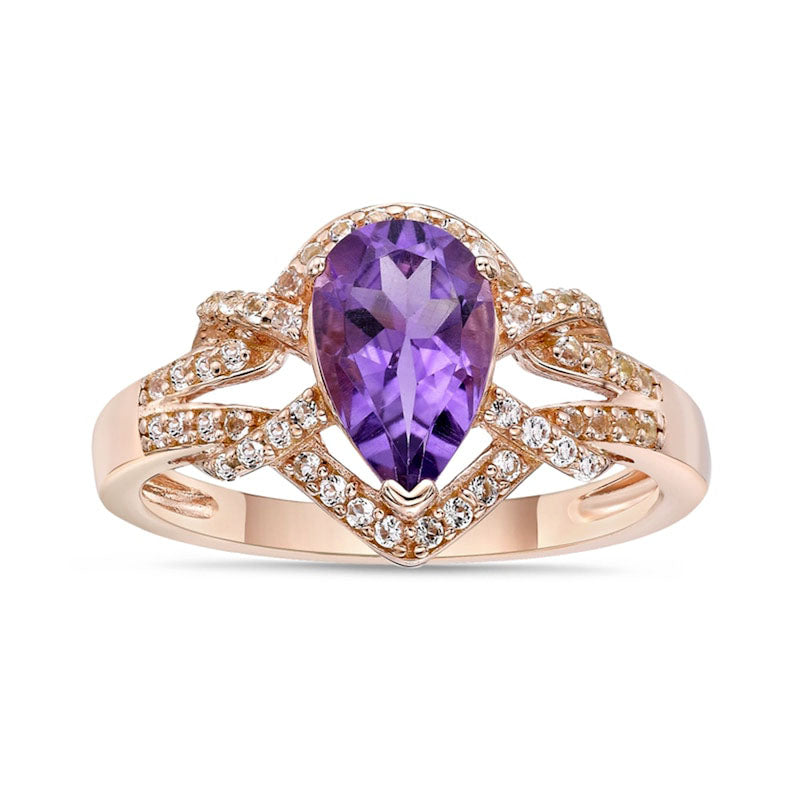 Image of ID 1 Pear-Shaped Amethyst and White Topaz Frame Buckle Split Shank Ring in Sterling Silver with Solid 18K Rose Gold Plate