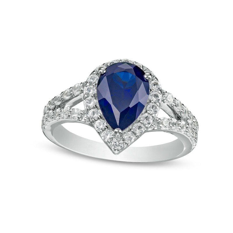 Image of ID 1 Pear-Shaped Blue and White Lab-Created Sapphire Frame Split Shank Ring in Sterling Silver