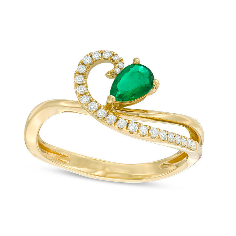 Image of ID 1 Pear-Shaped Emerald and 010 CT TW Natural Diamond Swirl Bypass Ring in Solid 14K Gold