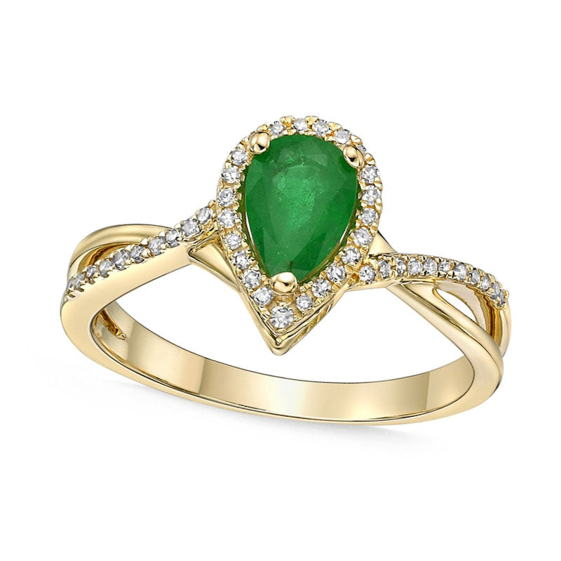 Image of ID 1 Pear-Shaped Emerald and 013 CT TW Natural Diamond Frame Twist Shank Ring in Solid 10K Yellow Gold