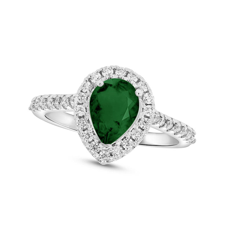 Image of ID 1 Pear-Shaped Emerald and 033 CT TW Natural Diamond Frame Ring in Solid 14K White Gold