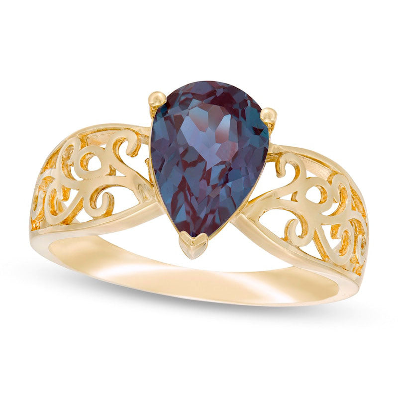Image of ID 1 Pear-Shaped Lab-Created Alexandrite Wide Filigree Ring in Solid 10K Yellow Gold