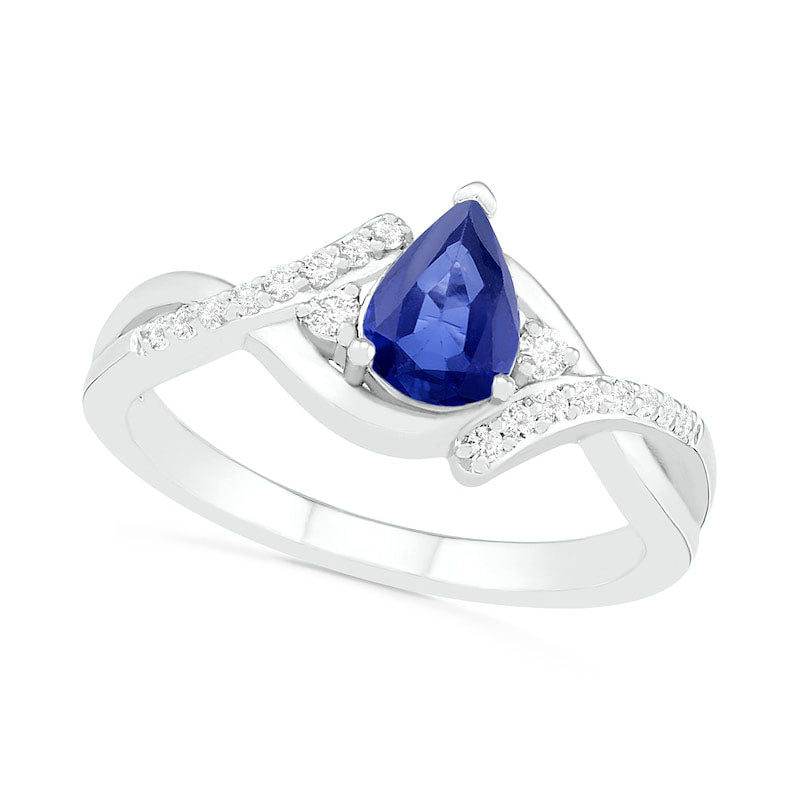 Image of ID 1 Pear-Shaped Lab-Created Blue and White Sapphire Bypass Crossover Shank Ring in Sterling Silver