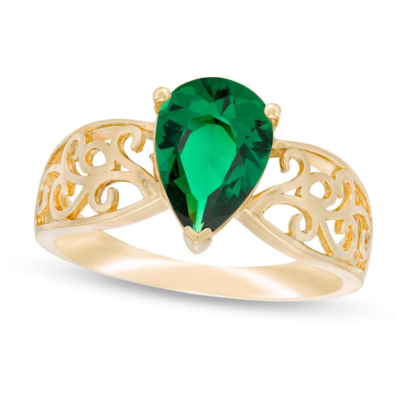 Image of ID 1 Pear-Shaped Lab-Created Emerald Wide Filigree Ring in Solid 10K Yellow Gold