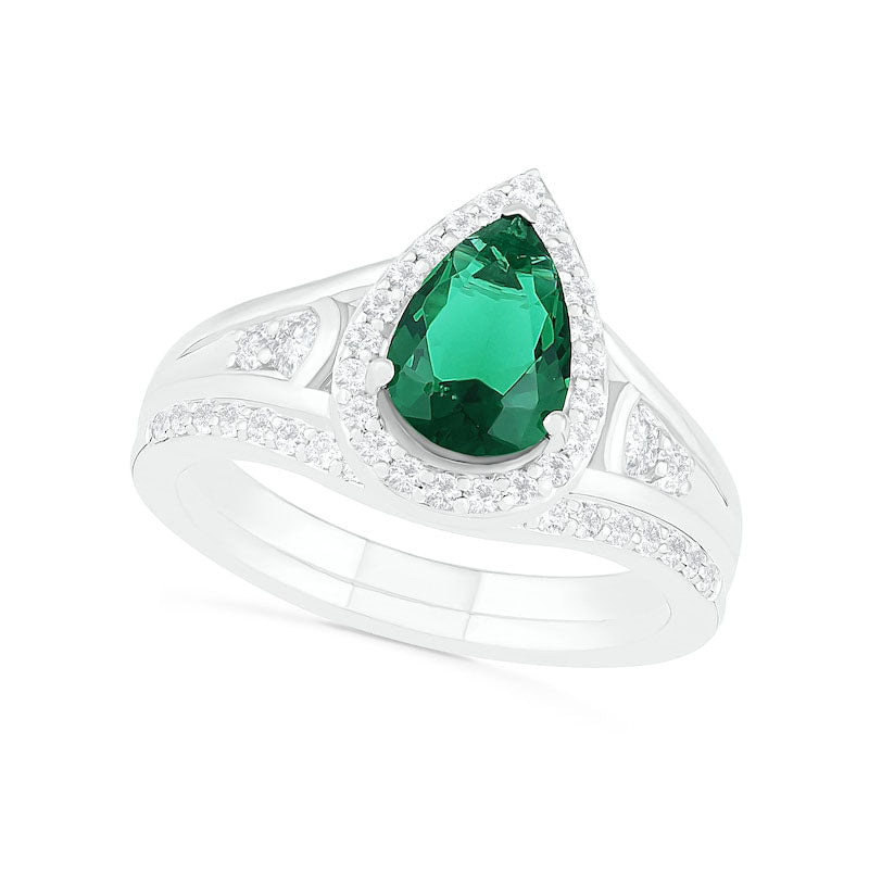 Image of ID 1 Pear-Shaped Lab-Created Emerald and White Sapphire Geometric Curve Split Shank Bridal Engagement Ring Set in Sterling Silver