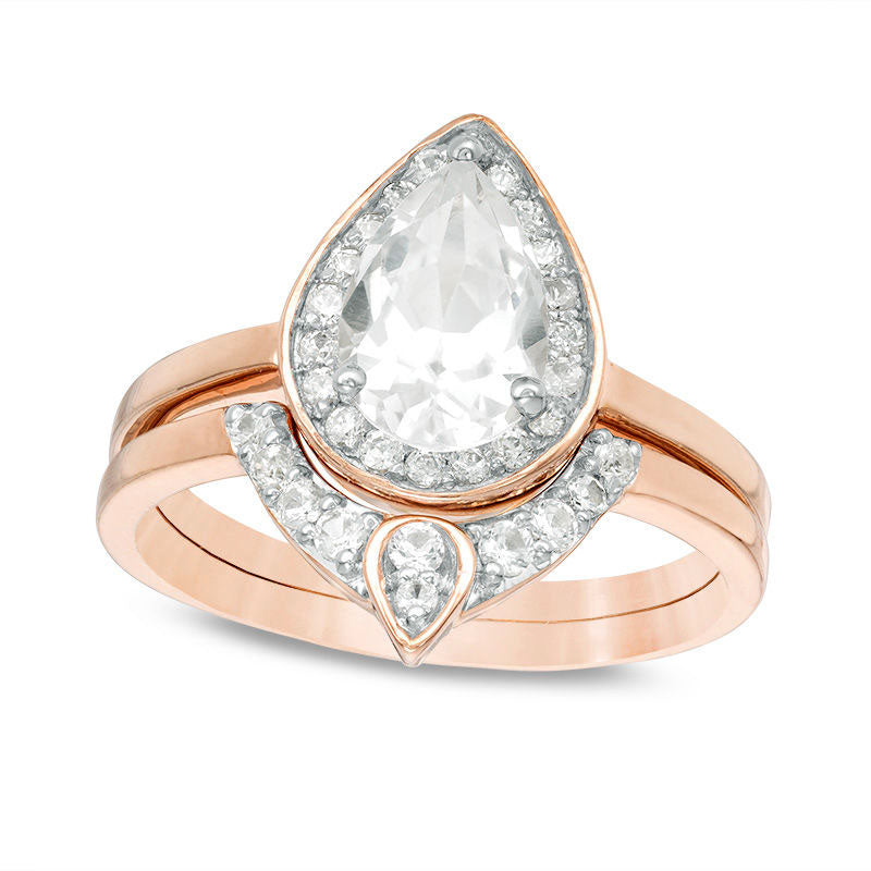 Image of ID 1 Pear-Shaped Lab-Created White Sapphire and 013 CT TW Diamond Bridal Engagement Ring Set in Sterling Silver with Solid 14K Rose Gold Plate
