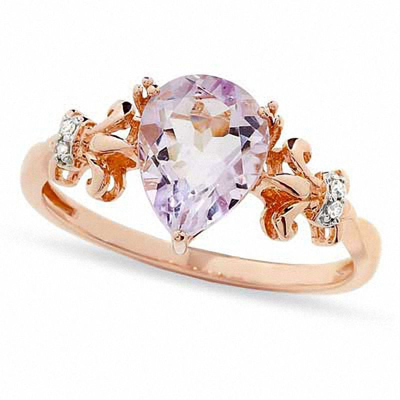 Image of ID 1 Pear-Shaped Rose de France Amethyst and Natural Diamond Accent Ring in Solid 10K Rose Gold