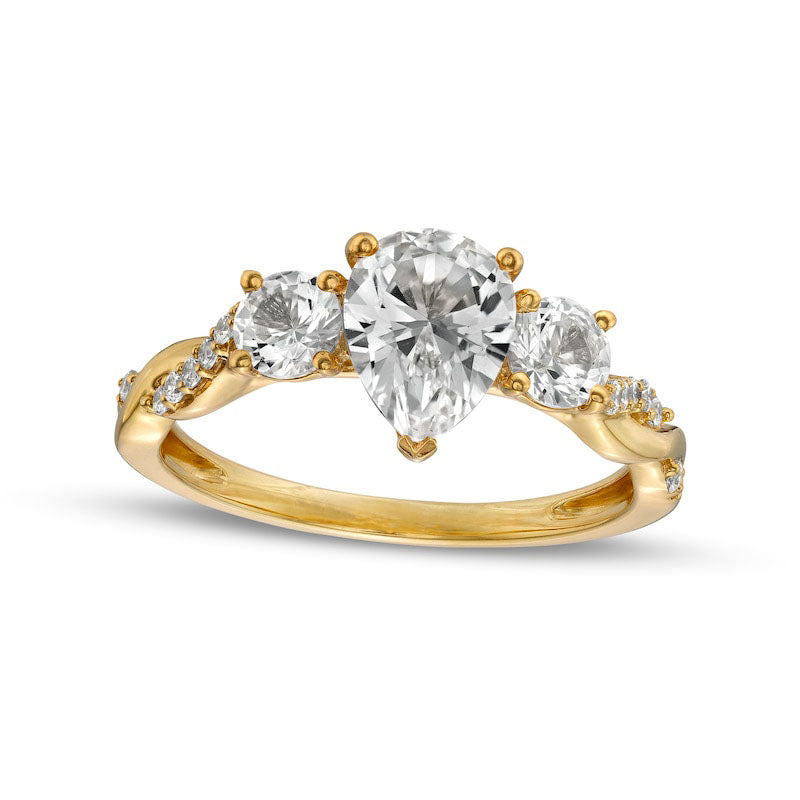 Image of ID 1 Pear-Shaped White Lab-Created Sapphire and 010 CT TW Diamond Antique Vintage-Style Ring in Solid 10K Yellow Gold