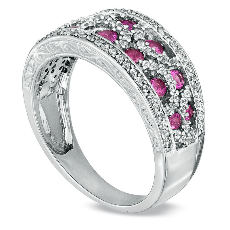 Image of ID 1 Pink Sapphire and 050 CT TW Natural Diamond Band in Sterling Silver