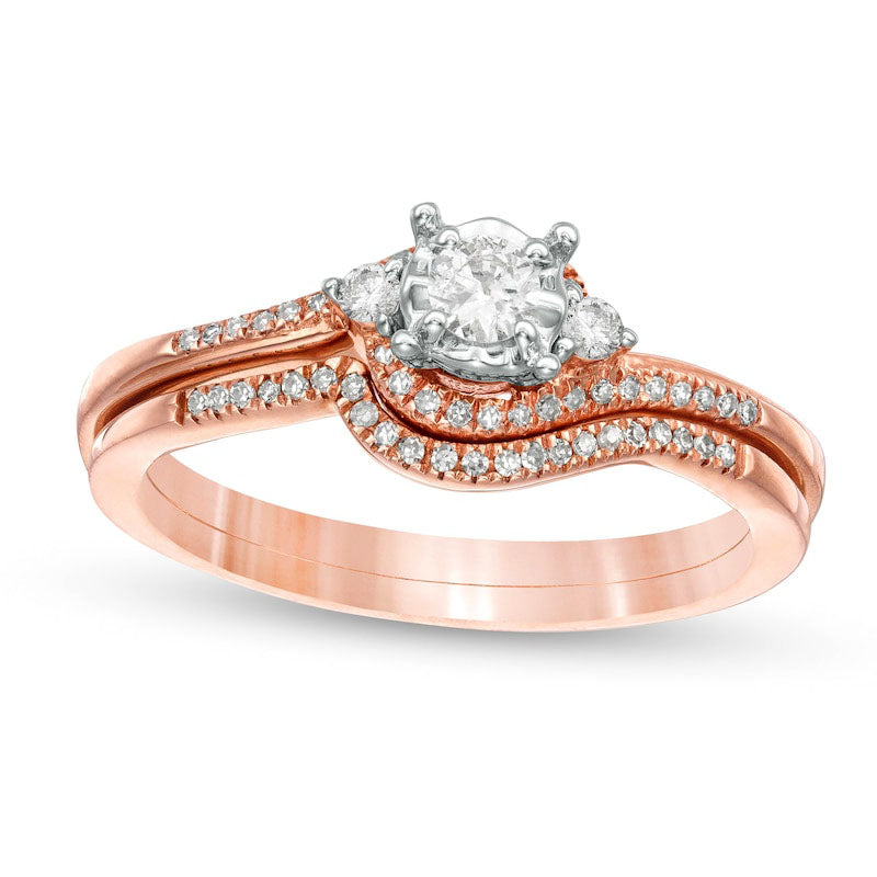 Image of ID 1 Previously Owned - 025 CT TW Natural Diamond Bypass Three Stone Bridal Engagement Ring Set in Solid 10K Rose Gold