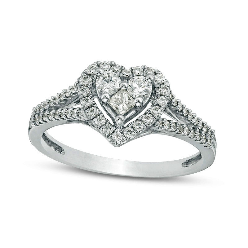 Image of ID 1 Previously Owned - 050 CT TW Princess-Cut and Round Natural Diamond Heart Frame Ring in Solid 10K White Gold