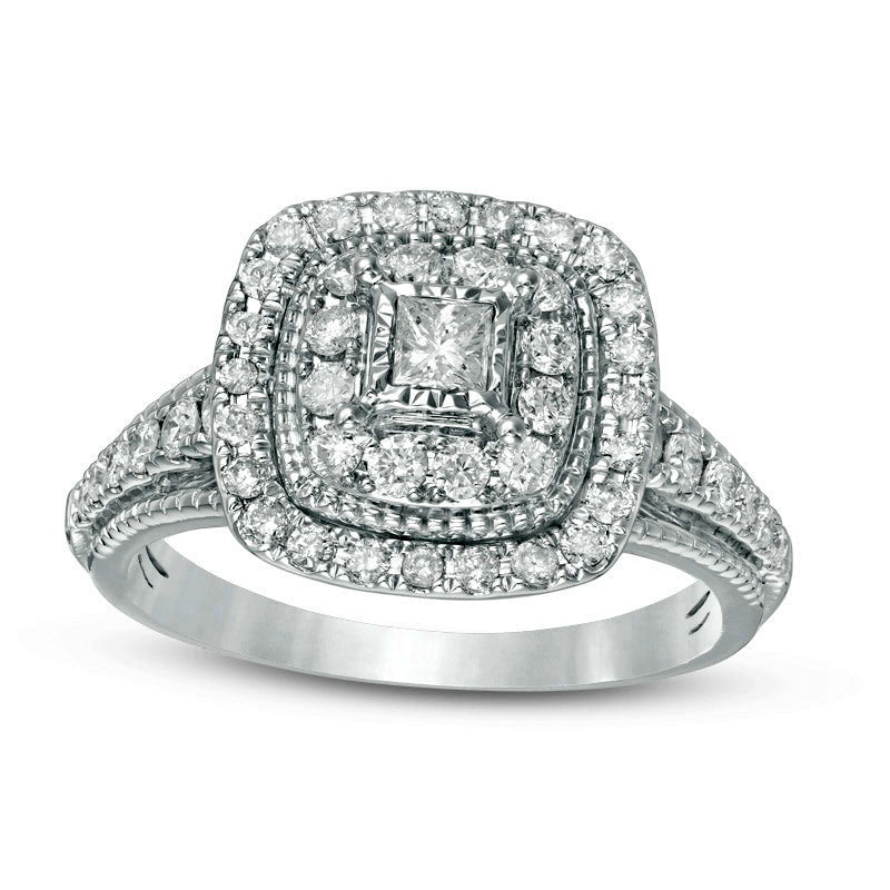 Image of ID 1 Previously Owned - 075 CT TW Princess-Cut Natural Diamond Double Frame Antique Vintage-Style Engagement Ring in Solid 14K White Gold