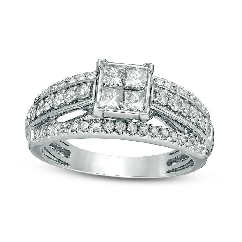 Image of ID 1 Previously Owned - 10 CT TW Quad Princess-Cut Natural Diamond Three Row Engagement Ring in Solid 14K White Gold