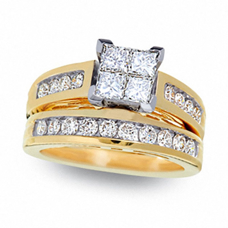 Image of ID 1 Previously Owned - 15 CT TW Quad Princess-Cut Natural Diamond Bridal Engagement Ring Set in Solid 14K Gold