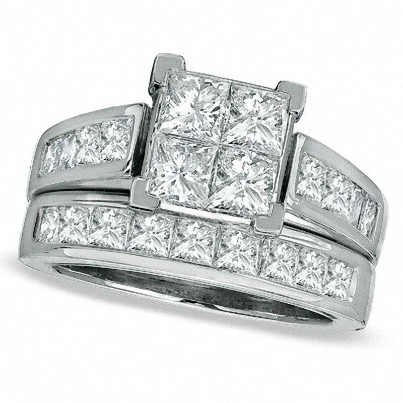 Image of ID 1 Previously Owned - 30 CT TW Quad Square-Cut Natural Diamond Bridal Engagement Ring Set in Solid 14K White Gold