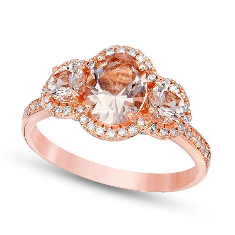 Image of ID 1 Previously Owned - Oval Morganite and 020 CT TW Natural Diamond Frame Three Stone Engagement Ring in Solid 14K Rose Gold