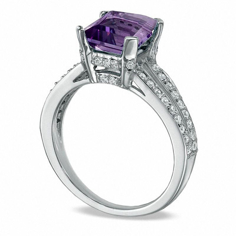 Image of ID 1 Princess-Cut Amethyst and 025 CT TW Natural Diamond Engagement Ring in Solid 10K White Gold