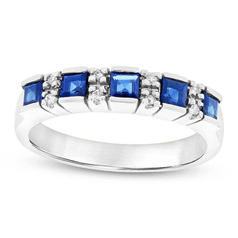 Image of ID 1 Princess-Cut Blue Sapphire and Natural Diamond Accent Five Stone Ring in Solid 14K White Gold