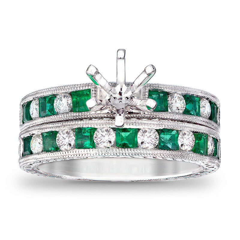 Image of ID 1 Princess-Cut Emerald and 050 CT TW Natural Diamond Semi-Mount Bridal Engagement Ring Set in Solid 14K White Gold