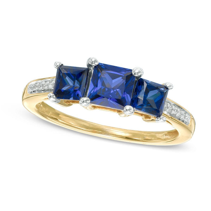 Image of ID 1 Princess-Cut Lab-Created Blue Sapphire and Diamond Accent Three Stone Ring in Solid 10K Yellow Gold