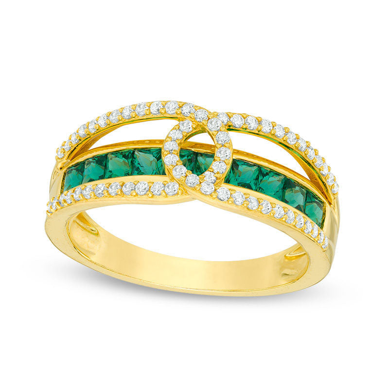 Image of ID 1 Princess-Cut Lab-Created Emerald and White Sapphire Loop Ring in Sterling Silver with Solid 14K Gold Plate