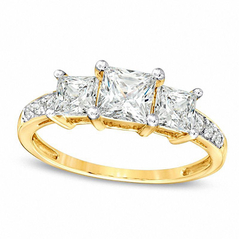 Image of ID 1 Princess-Cut Lab-Created White Sapphire Three Stone Ring in Solid 10K Yellow Gold