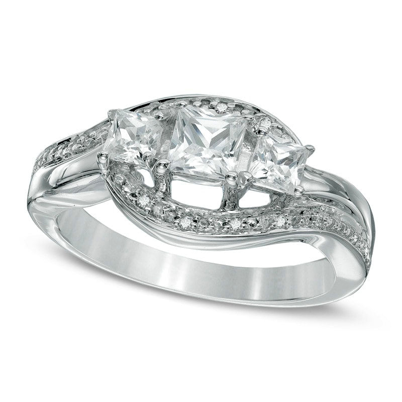 Image of ID 1 Princess-Cut Lab-Created White Sapphire and Diamond Accent Three Stone Swirl Promise Ring in Sterling Silver