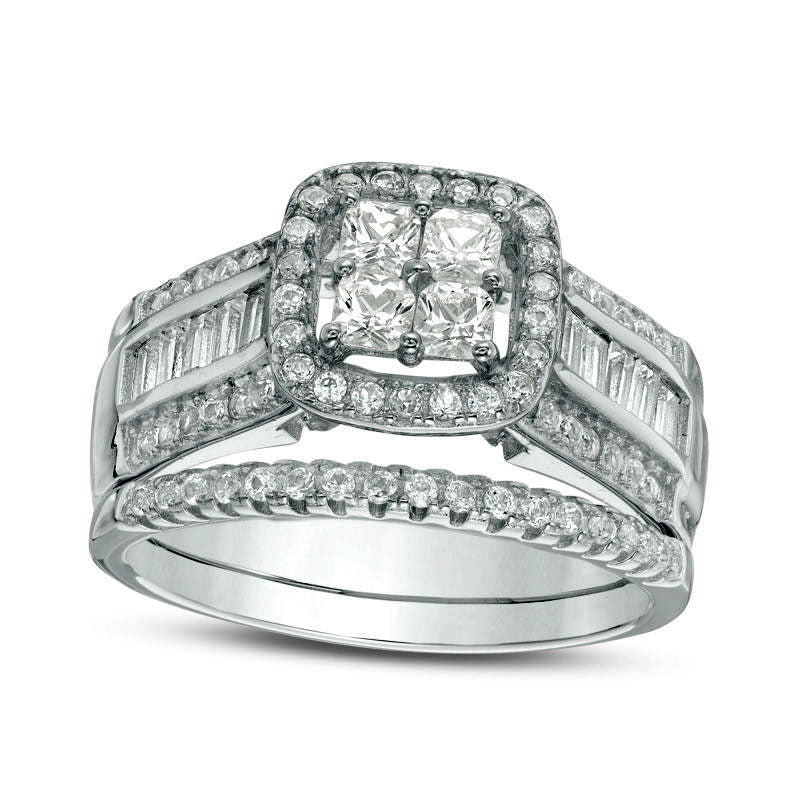 Image of ID 1 Quad Princess-Cut Lab-Created White Sapphire Frame Bridal Engagement Ring Set in Sterling Silver