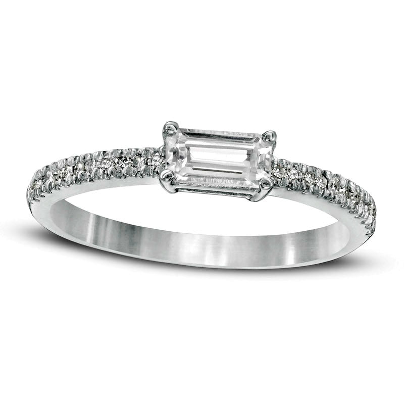 Image of ID 1 Sideways Baguette Lab-Created White Sapphire and 010 CT TW Diamond Stackable Ring in Solid 10K White Gold