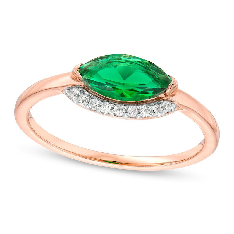 Image of ID 1 Sideways Marquise Lab-Created Emerald and White Sapphire Curved Halo Ring in Sterling Silver with Solid 14K Rose Gold Plate