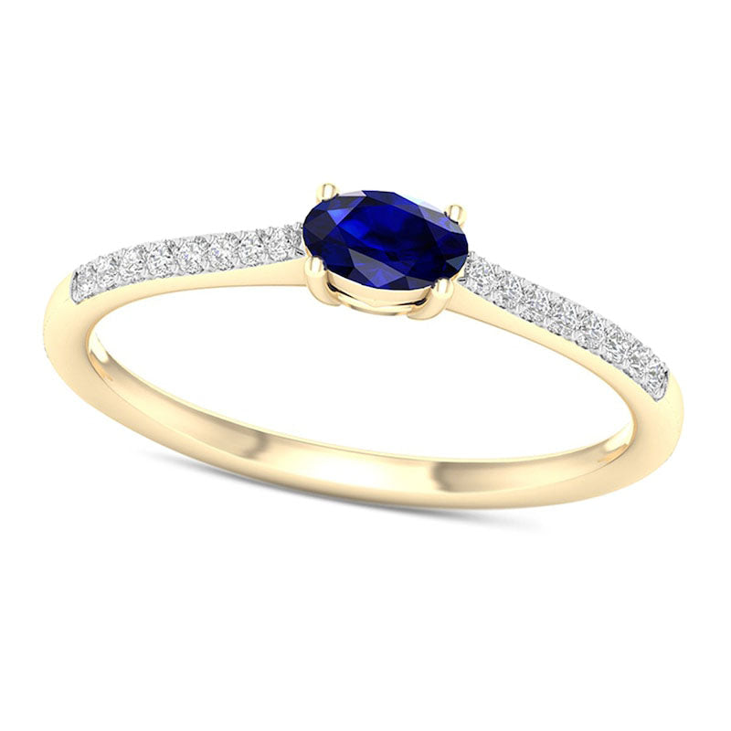 Image of ID 1 Sideways Oval Blue Sapphire and 007 CT TW Natural Diamond Stackable Ring in Solid 10K Yellow Gold