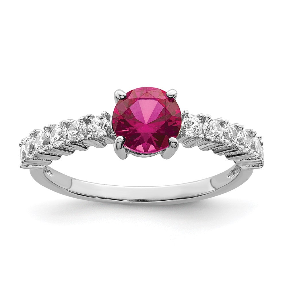 Image of ID 1 Sterling Silver Polished Rhodium-plated Created Ruby and CZ Ring