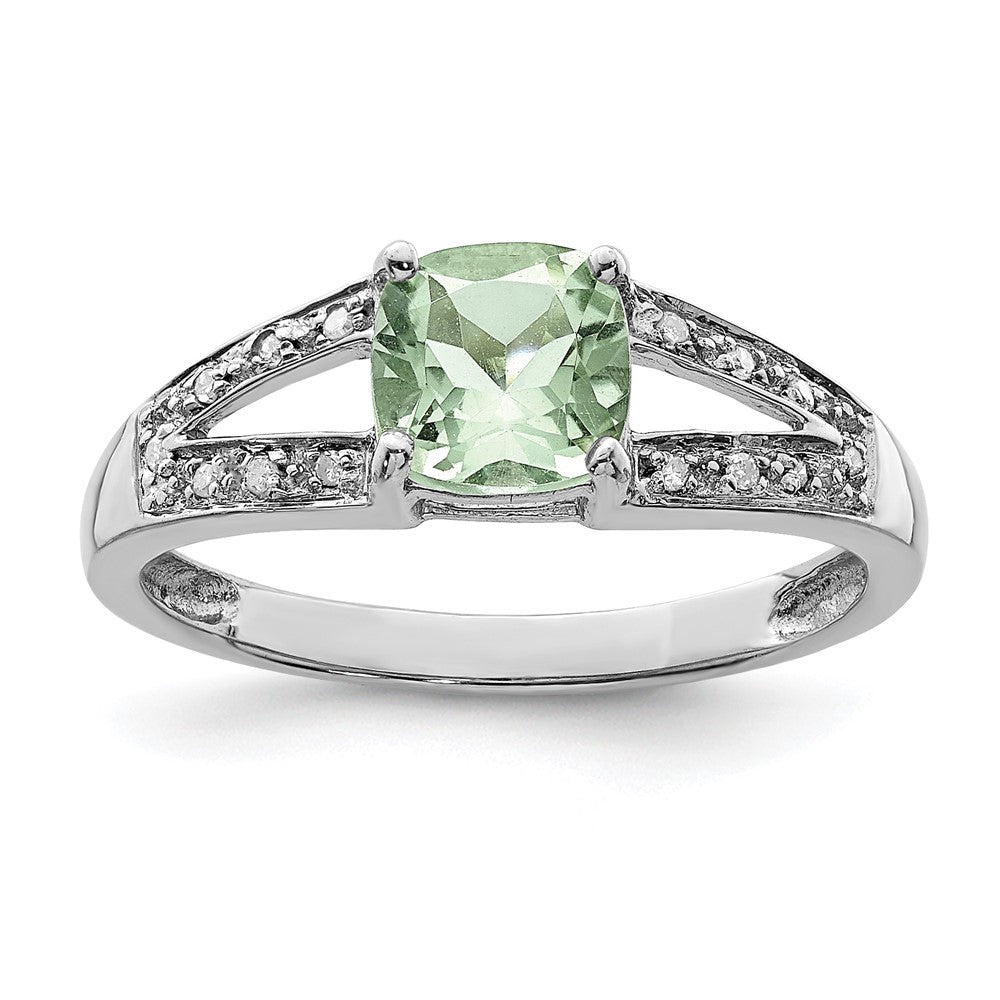 Image of ID 1 Sterling Silver Rhodium Cushion-cut Green Quartz & Diamond Ring